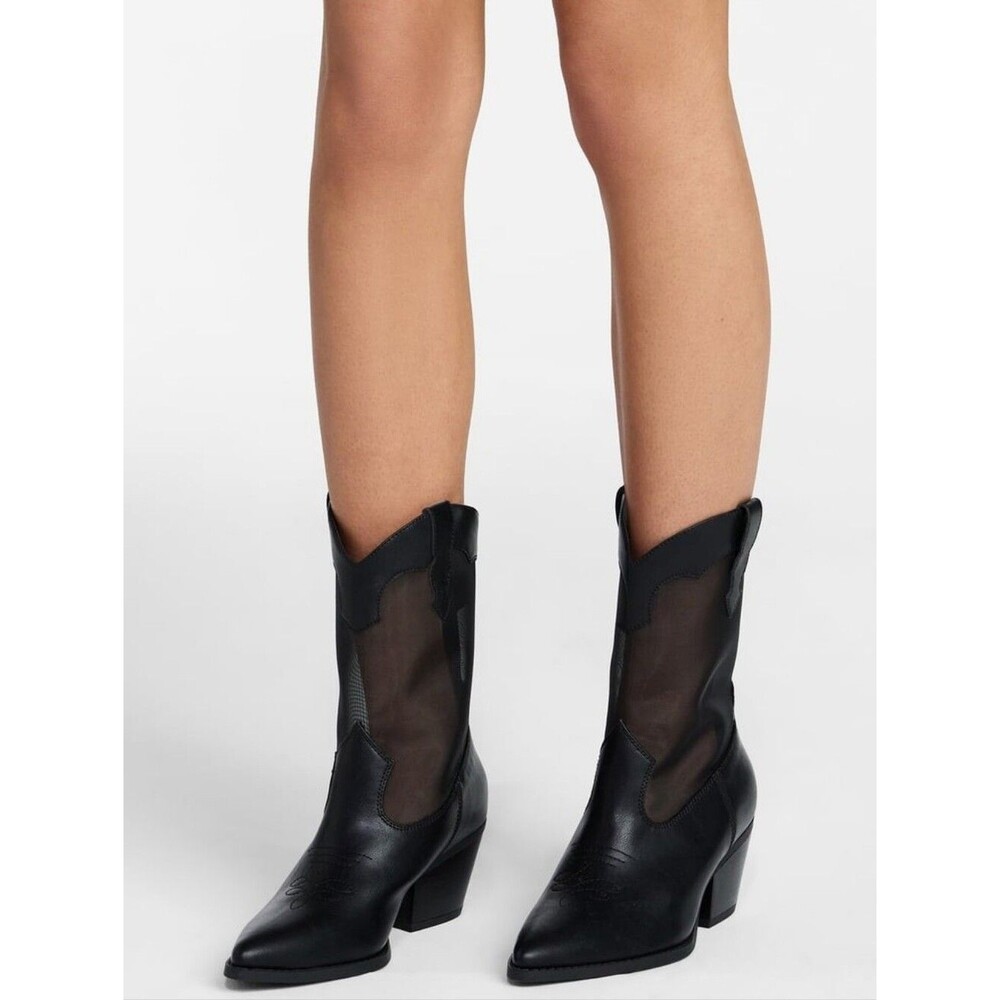 No Boundaries Sheer Mesh Western Boots Mid-Calf Block Heel Black Women's Size 11